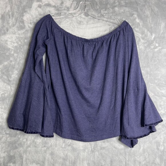 New Loft Velvet Trim Off The Shoulder Bell Sleeve Top Womens S Blue Boho Hippie - Picture 2 of 9